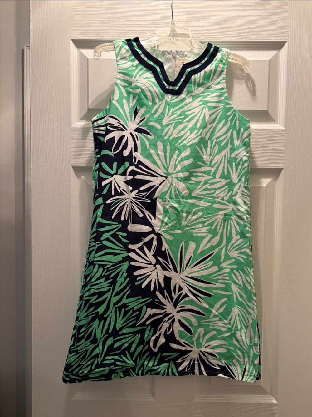 Lands' End Canvas Green Navy White Tropical Shift Dress